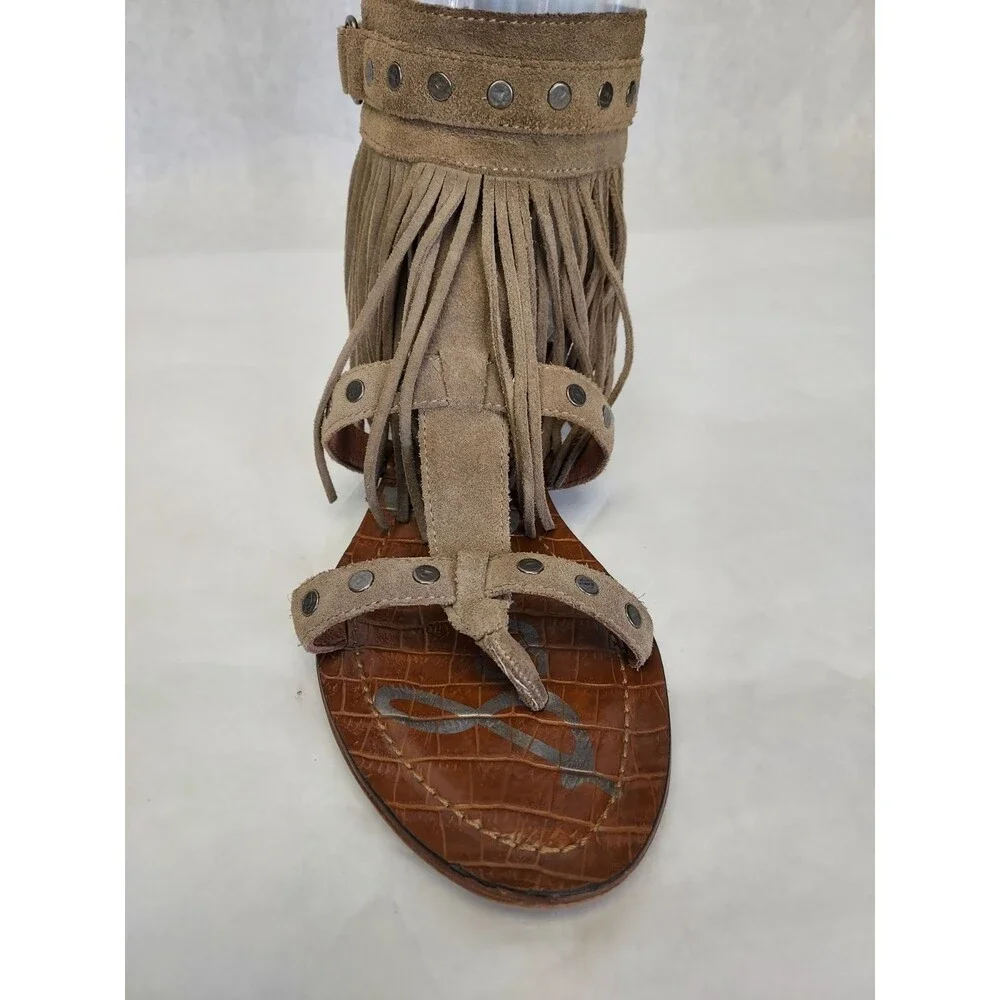 Sam Edelman Dazey Suede Sandals Womens 8 Gladiator Flat Boho Fringe Smokey Taupe - Picture 7 of 11